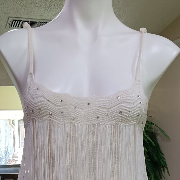 MKM Designs Ladies White Crochet Fringed Tank Top w/ Rhinestone Details Sz L - Picture 9 of 10